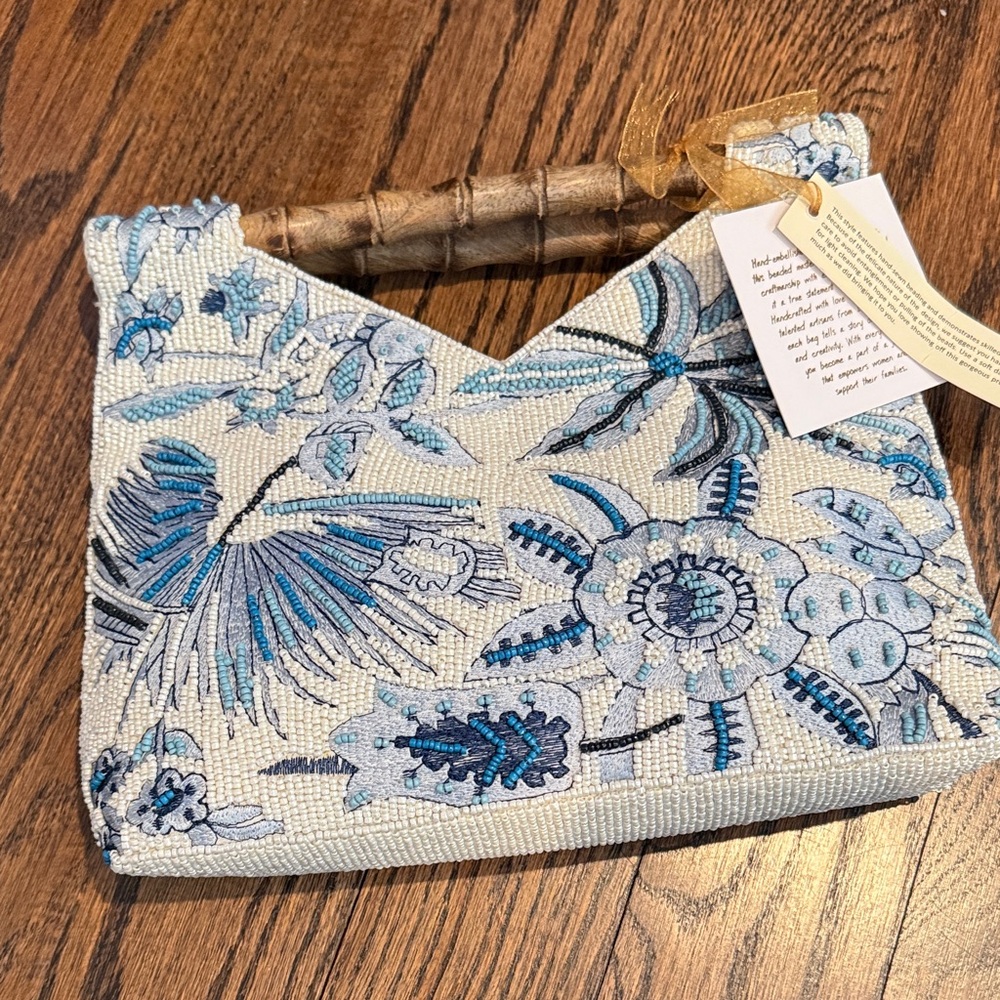 Floral Beaded Handbag with Bamboo Handle